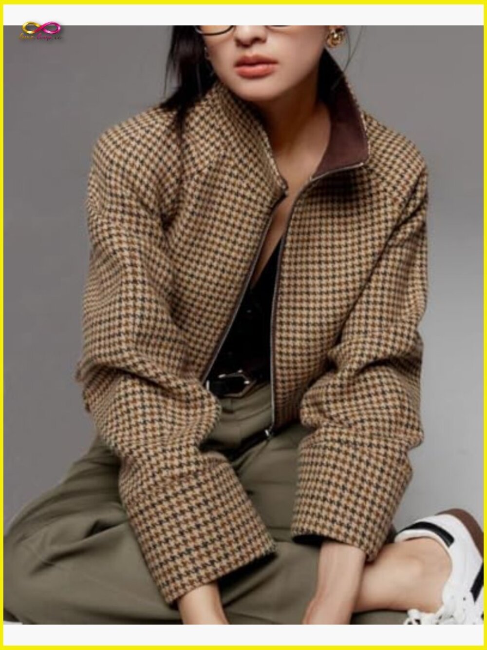 Cropped Wool Jacket Houndstooth Plaid Zip Up Bomber Peacoat Fall Winter Outwear - Picture 4 of 6